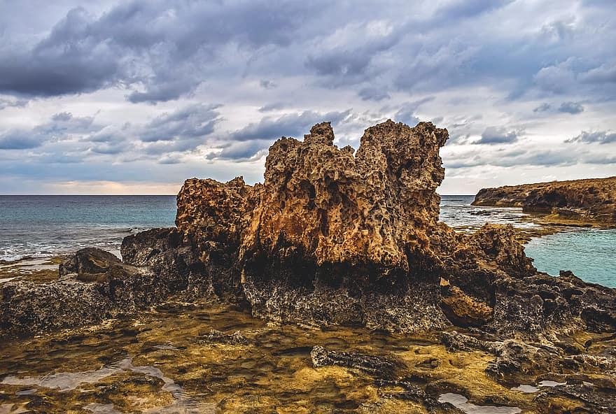 rocas, mar, costa, paisaje, naturaleza, cielo, nubes, horizonte, ayia napa, Chipre, playa