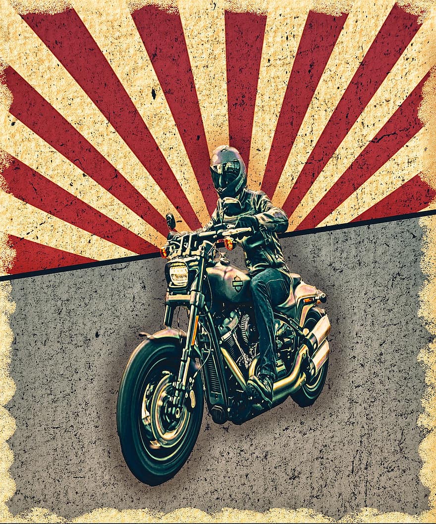 motorcykel, harley, plakat, årgang, postkort, retro, farvet, hastighed, vektor, herrer, biker