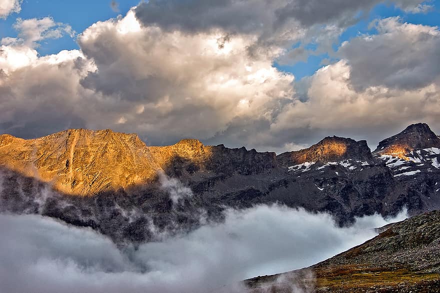 bergen, bergketen, Alpen, grote hoogte, mist, zee van wolken, cloudscape, wolken, bergtoppen, trekking, alpinisme