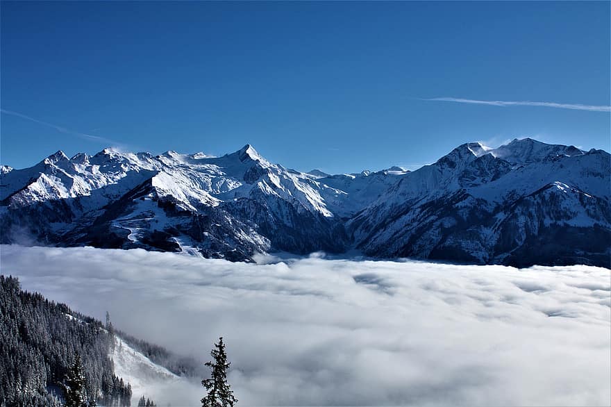 bjerge, spids, skyer, hav af skyer, topmøde, sne, snedækket, vinter, kold, Alperne, alpine