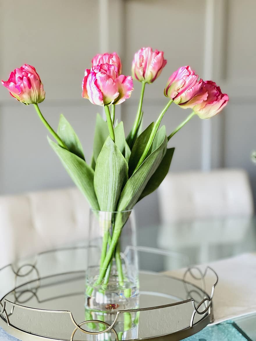 tulipaner, kunstige blomster, vase, dekoration, dekorative, falske blomster, blomster, faux, kunstig, buket, lyserøde blomster
