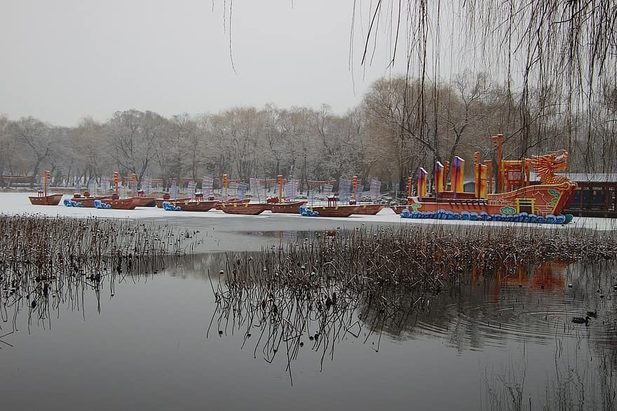 vinter-, båtar, damm, snö, sjö