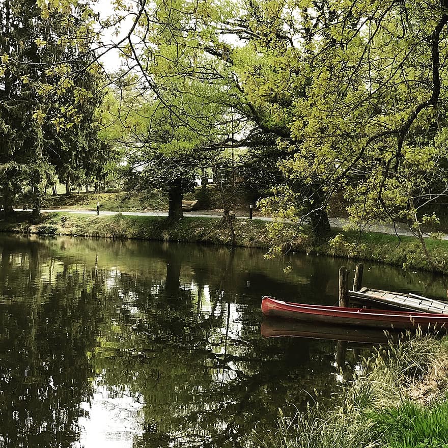 Boot, Teich, Natur, Grün, Wasser, Gras, Baum, Sommer-, Wald, grüne Farbe, Landschaft