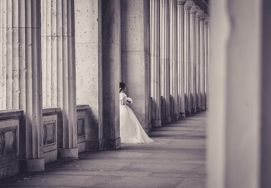 säulenartig, Braut, Kleid, Hochzeit