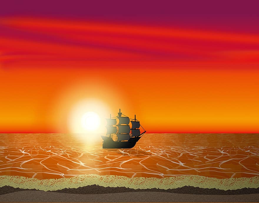 hav, pirat skepp, solnedgång, röd, bakgrund, pirater, båt, vatten, nautisk, äventyr, havs
