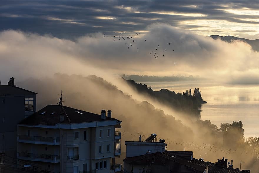 мъгла, град, залез, природа, пейзаж, Кастория, Гърция, мъгливо, езеро, село