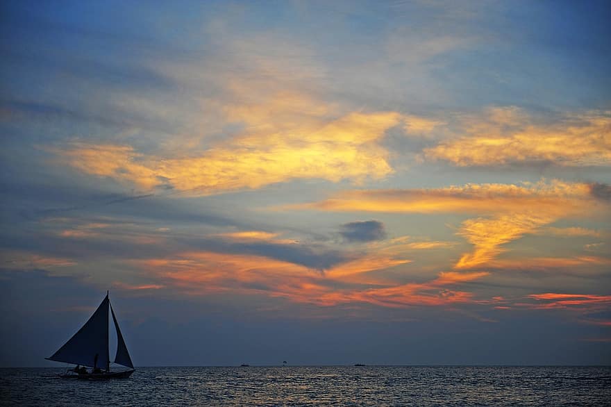barco, vela, mar, crepúsculo, alvorecer, barco a vela, oceano, agua, horizonte, cenário, cênico
