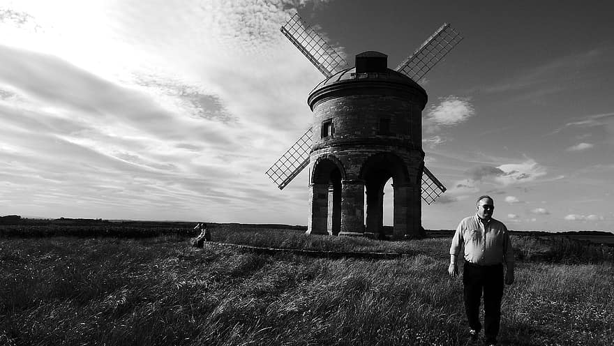 Windmill, Man, Countryside, Architecture, Landscape, Grass, men, one person, old, famous place, adult
