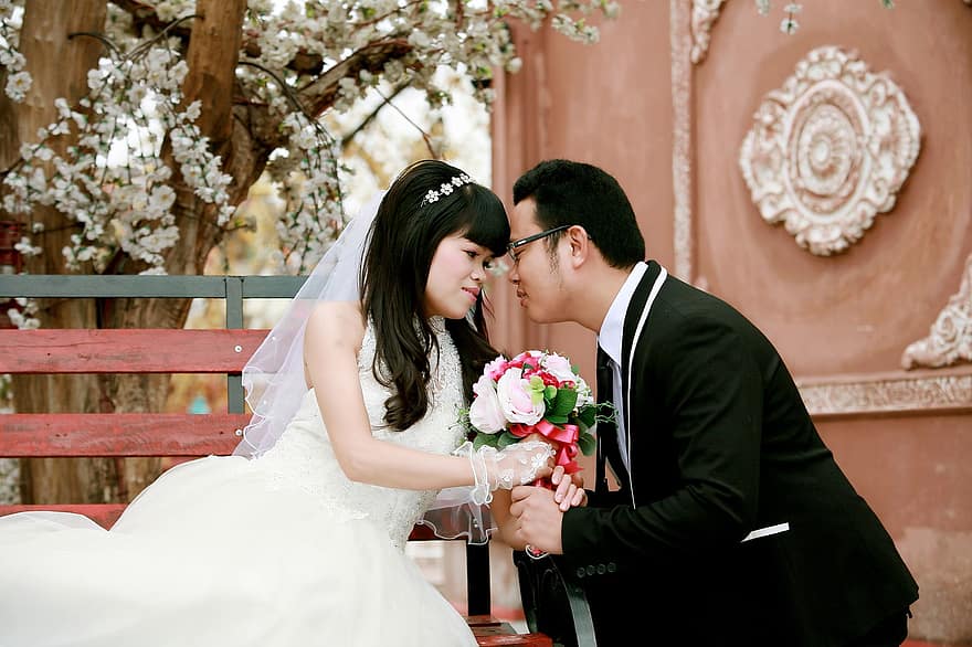nuntă, cuplu, tineri casatoriti, mireasă, mire, asiatic, căsătorie