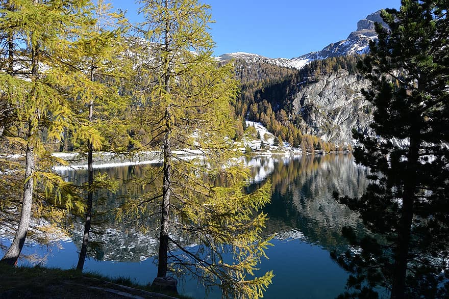 danau, gunung, pohon, refleksi, air, larch, konifer, termasuk jenis pohon jarum, pegunungan, pemandangan, alam