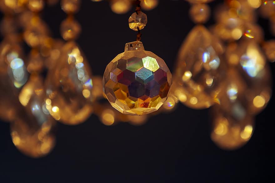 Decoration, Cut Crystal Ball, Golden, Glass Ball, Chandelier, Bokeh, shiny, backgrounds, close-up, gold, gold colored