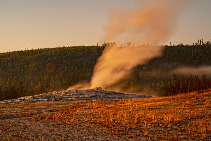 Geyser, Grass, Meadow, Outdoors, Fall, Sunrise, In The Morning, Steam Geothermal, Water, Yellowstone, Wyoming