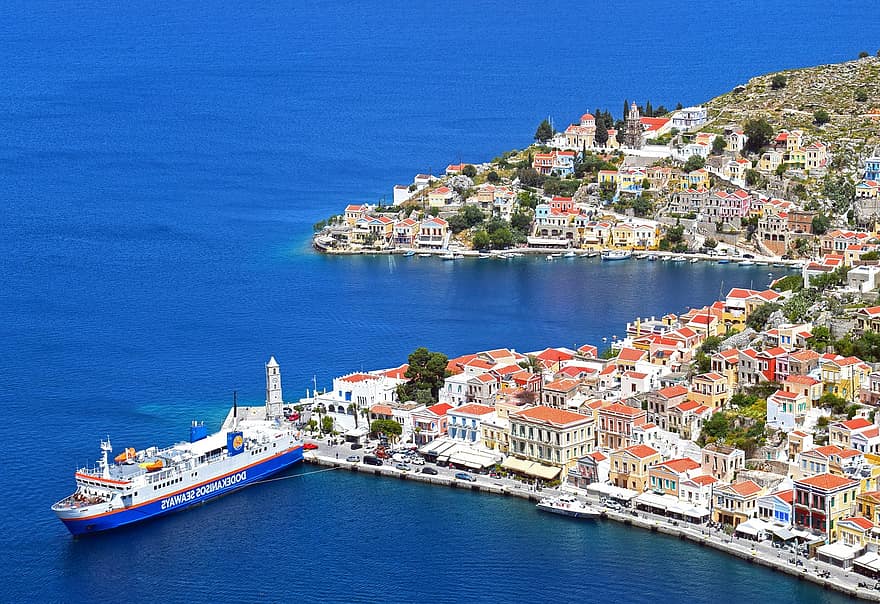 miasto, Port, łódź, port, symi, Grecja, architektura, neoklasyczny, kolorowy, grecki, wyspa
