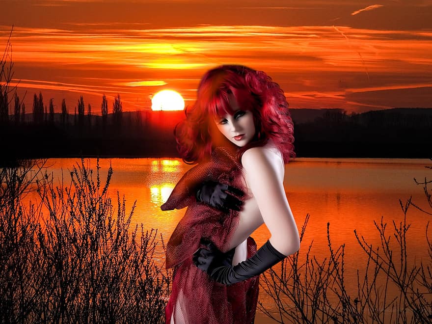 bakgrund, kvinna, sjö, rött hår, bergen, solnedgång, modell, fantasi, frisyr, mode, avatar