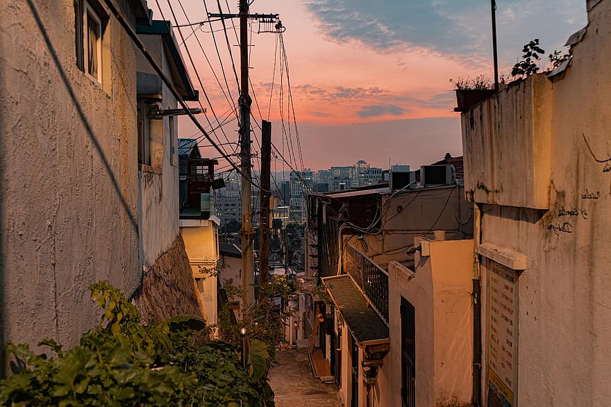 céu, Seul, Cidade, cidade, República da Coreia, poste de energia, construção, arquitetura, por do sol, crepúsculo, paisagem urbana