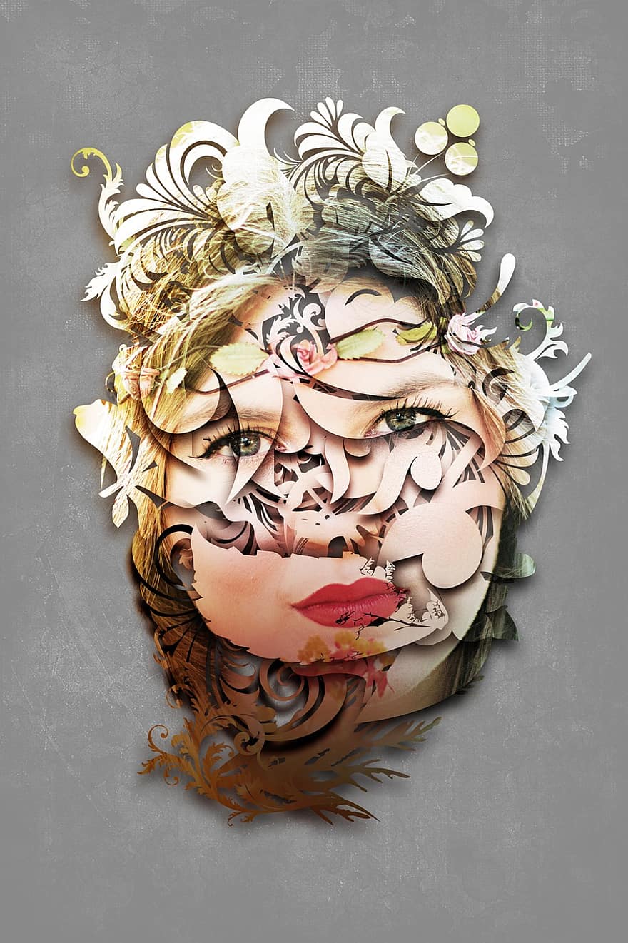 mujer, Art º, resumen, belleza, floral, cabeza, creativo, Resumen gris