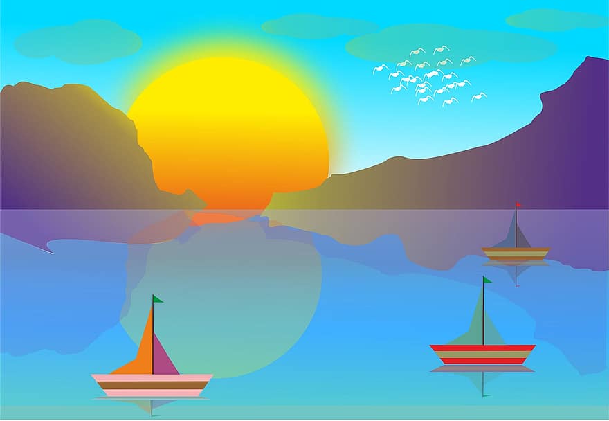 القوارب ، سفينة ، البحر ، محيط ، غروب الشمس ، شاطئ بحر ، شمس ، ماء ، الشفق ، الغسق ، شروق الشمس