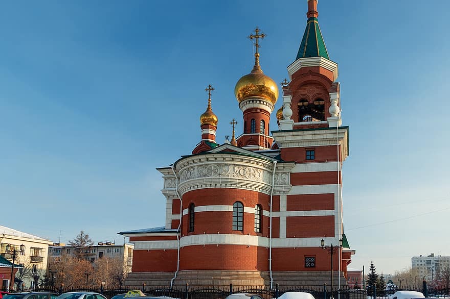 arhitectură, credință, albastru, cărămidă, clădire, exteriorul clădirii, construită, capital, Celiabinsk, creştinism, biserică