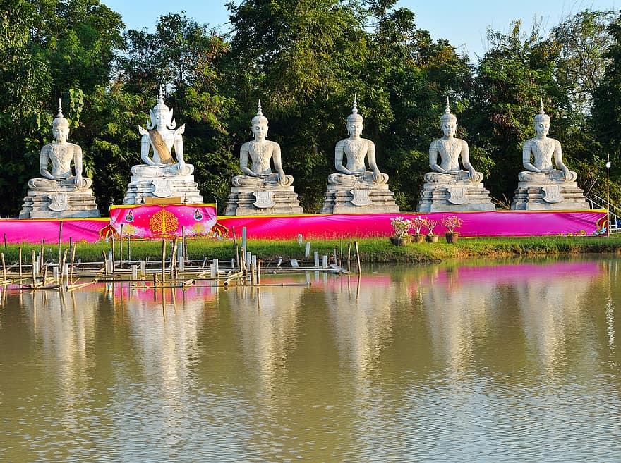socha, Buddha, buddhistický chrám, náboženství, odraz, voda, strom, Thajsko, venkovní