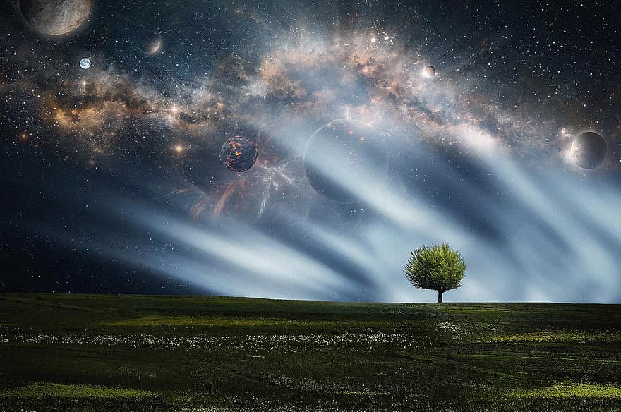 landskap, fantasi, träd, himmel, rymden, planeter, galax, teknologi, universum, nebulosa, hd tapeter