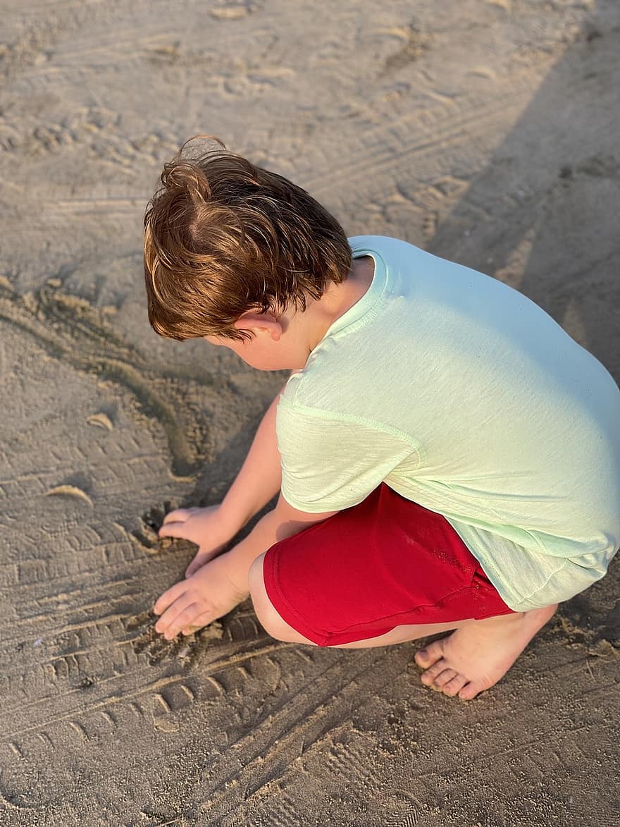 kind, kinderjaren, strand, spelen, jongen, zand