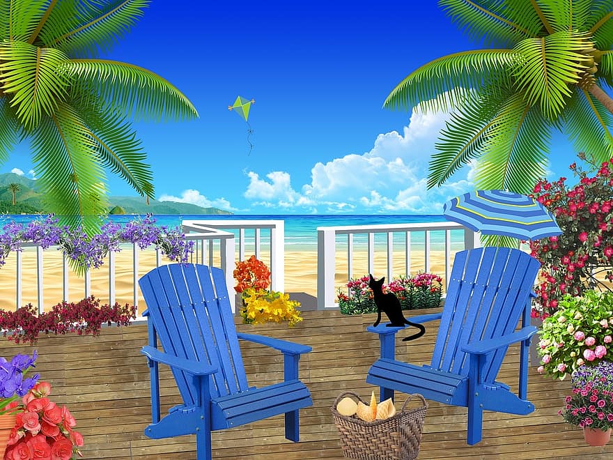 patio, ocean, vară, scaune, flori, liniște, plantele înflorite, pisica neagra, natură, litoral, relaxare