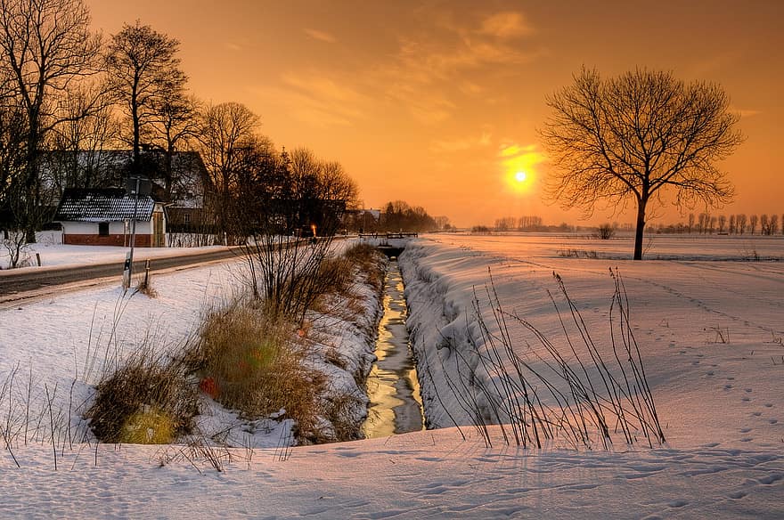 Winter, Field, Sunset, Snow, Cold, Village, Countryside, Landscape, Sun, Sunlight, Dusk