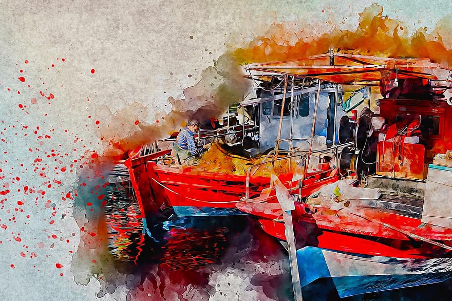 barci, pescuit, mare, artă, acuarelă, epocă, colorat, artistic, textură, port, abstract