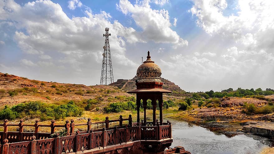 See, Brücke, Seebrücke, Turm, Rajasthan, Indien, Tourismus, Jodhpur, Himmel, Wolken, Natur