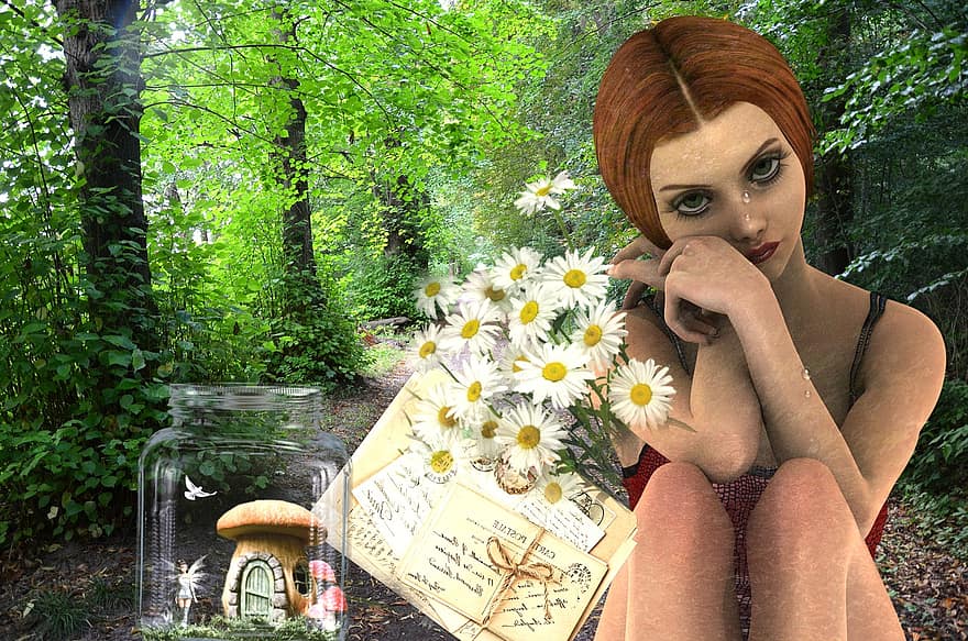 女性、悲しい、思い出、泣いている、手紙、森林