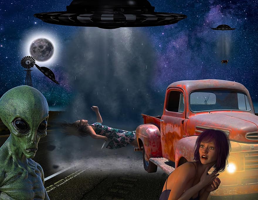alienígenas, Abdução alienígena, Discos voadores, estrada, lua, aterrorizado, mulheres, extraterrestre, noite, ficção científica, fantasia