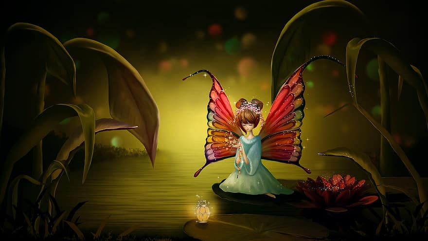 Fantasy, Fairy, Butterfly, Lake, Lily Pad, Lamp, Light, Girl, Fairy Tale, Wings, Grass