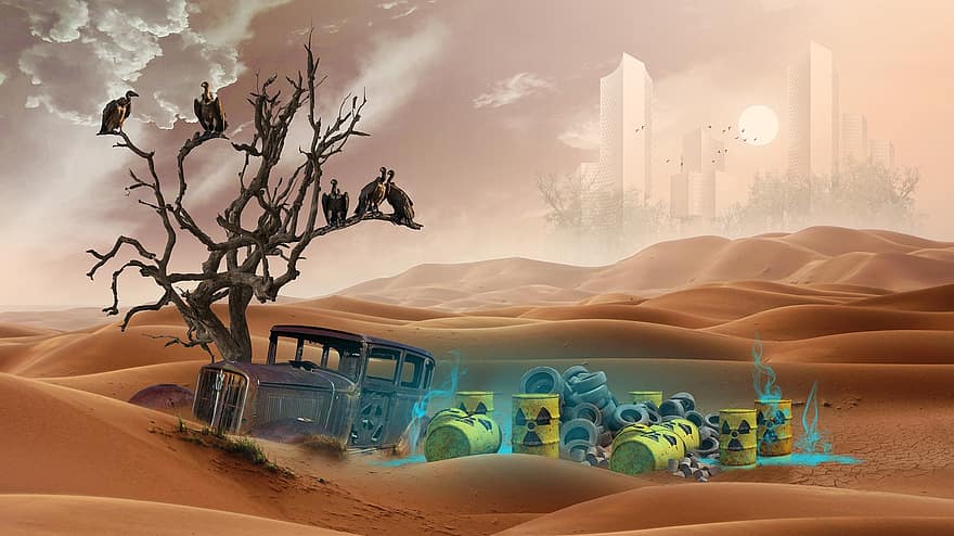 пустеля, переробка, бочка, забруднення, місто, піщані дюни, крах, автомобіль, гриф, дерево, шини