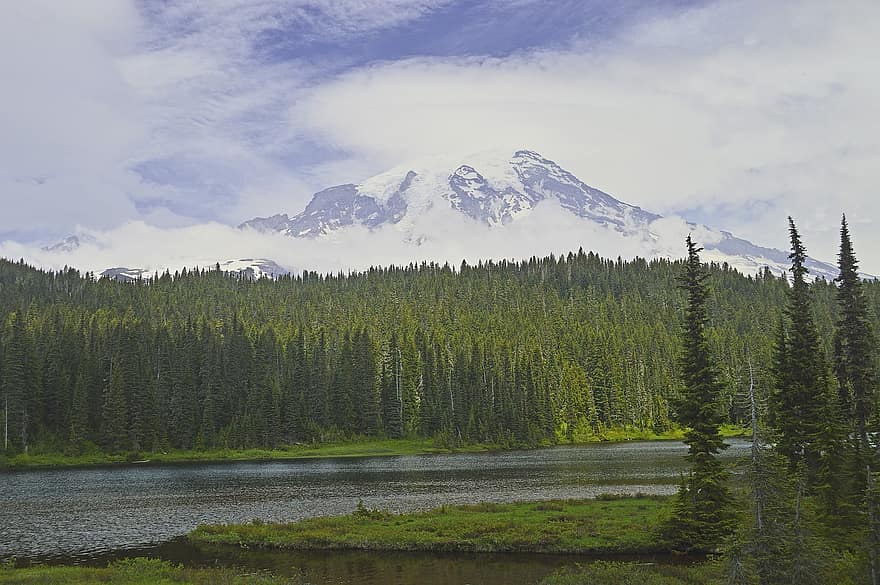 Mount Rainier, Stratovolcano, Volcano, Mountain, Lake, Trees, Forest, Woods, Clouds, Pacific Northwest, Snow-covered Mountain