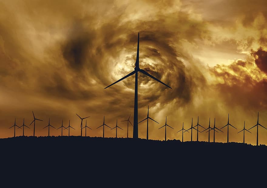 Wind Turbine, Field, Wormhole Cloud, Portal, Clouds, Energy, Digital Art, fuel and power generation, wind power, generator, propeller