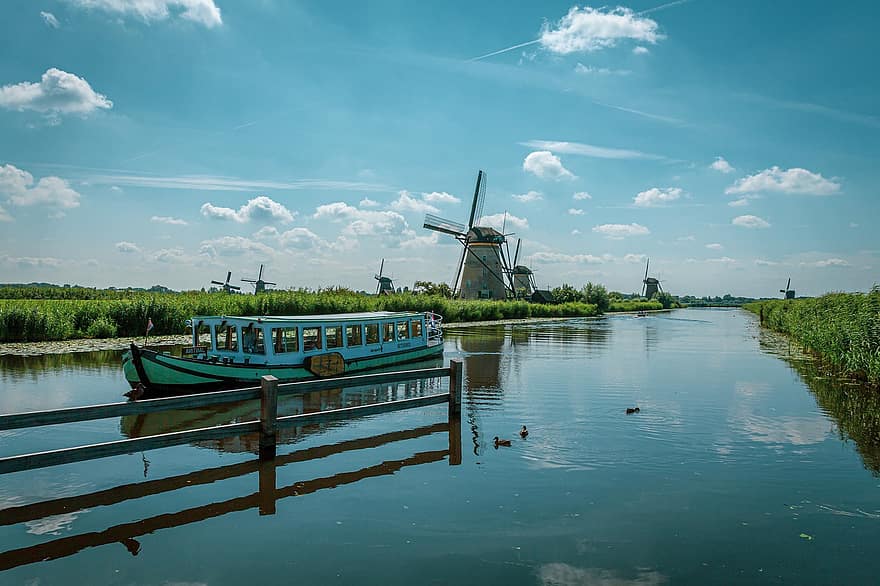 Países Bajos, Rotterdam, molinos de viento, turismo, agua, naturaleza, escena rural, verano, paisaje, azul, barco náutico