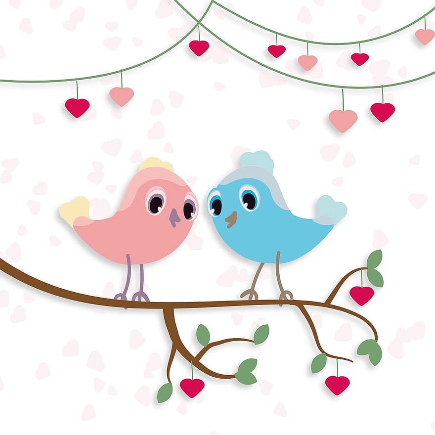 fugle, kærlighed, valentinsdag, afdeling, træ, dyr, par, elskere, romantik, romantisk, hjerte
