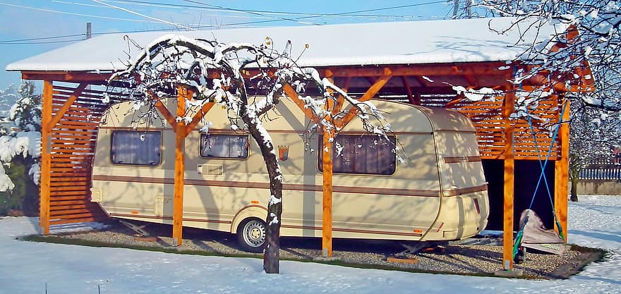 campament, caravana, autocaravana, tràiler, cobert, hivern, neu, gel, transport, temporada, gelades