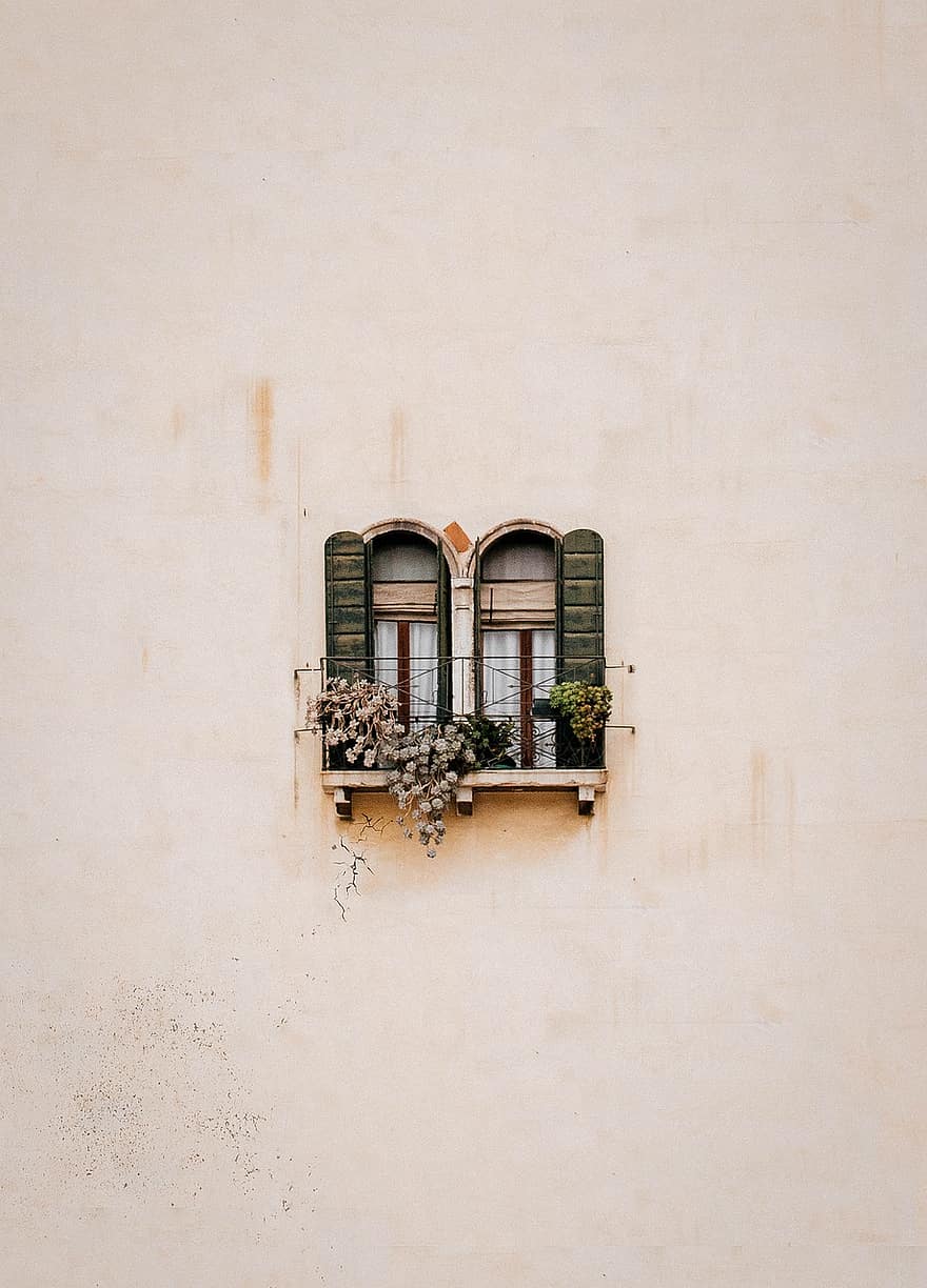 fal, ablak, virágok, cserepes növények, Velence, Olaszország, utazás