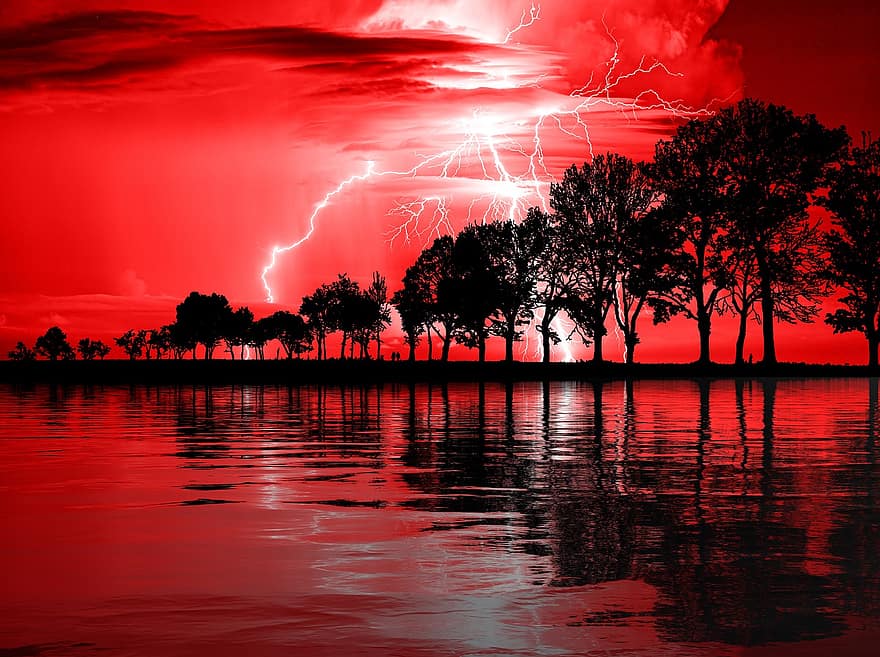 temporale, fulmine, tempo metereologico, cielo, elettricità, veloce, atmosferico, drammatico, cielo rosso, nuvole, acqua