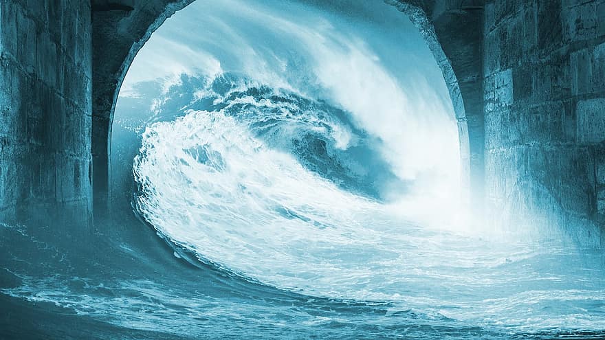 ola, tsunami, manipulación, mar, agua, Oceano, azul, nubes, desastre, naturaleza, destrucción