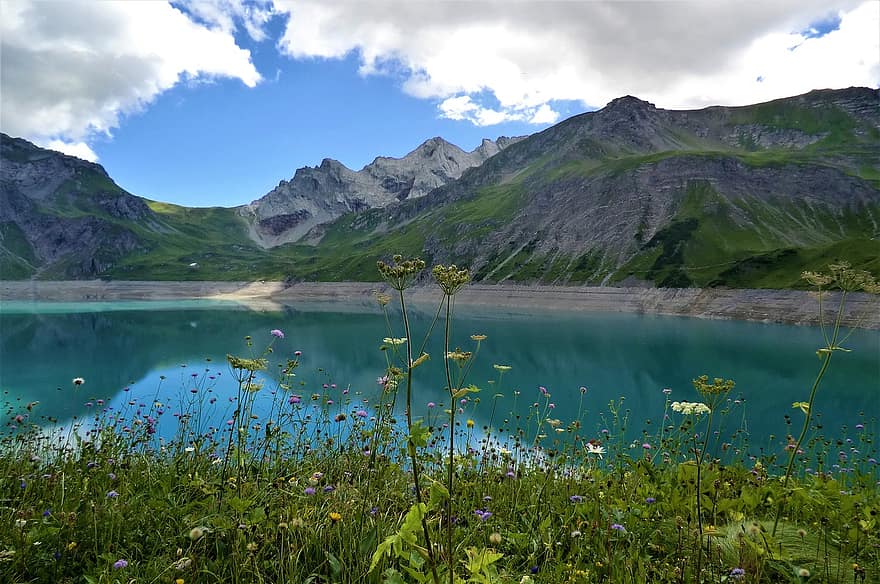 lago, naturaleza, viaje, exploración, al aire libre, montañas, Lünersee, Austria, las flores, Alpes, agua
