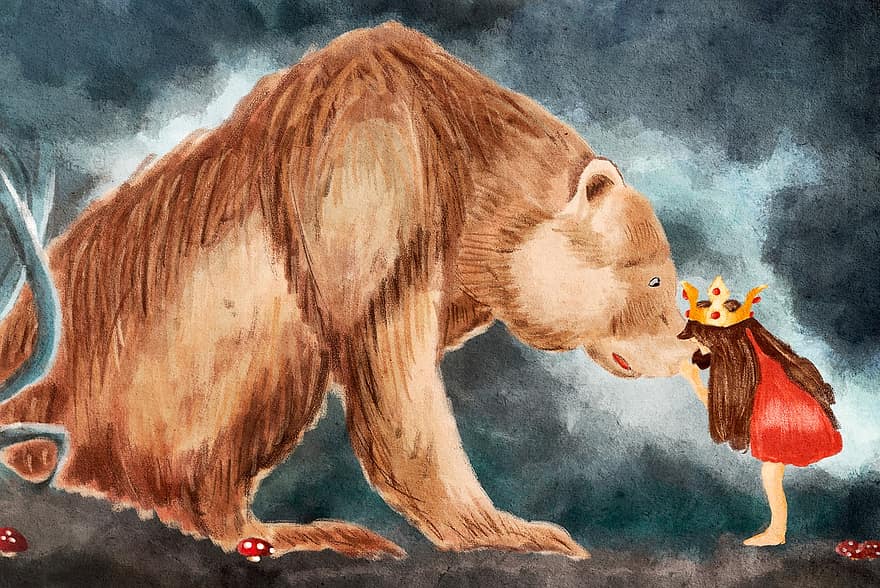 ilustración, un oso, princesa, amistad, bosque