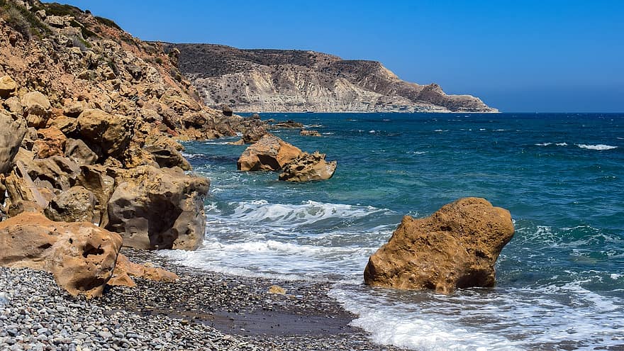 плаж, камъче плаж, скали, море, крайбрежие, природа, Меланда, Кипър, вълни, океански вълни, брегова линия