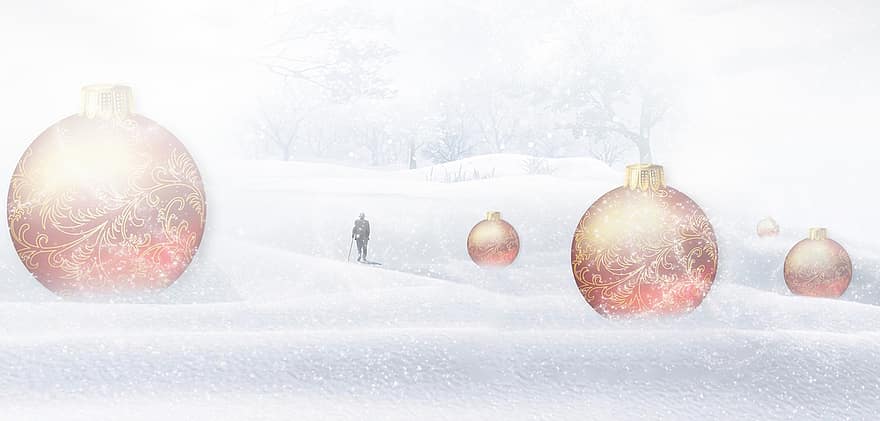 enfeites, homem, neve, o caminho de casa, bolas, bolas de natal, enfeites de Natal, Decorações, decorações de Natal, geada, Nevado