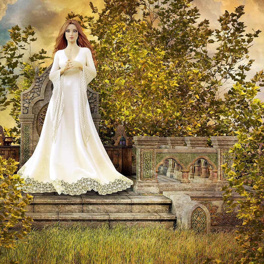 mujer, fantasía, jardín, hermoso, belleza, vestido, altar