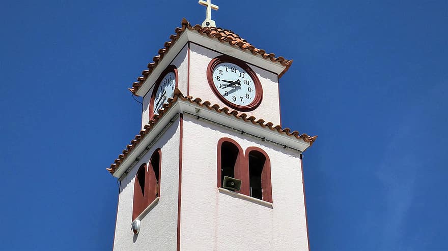 torre sineira, construção, arquitetura, relógio, Igreja, cristandade, azul, religião, exterior do edifício, velho, história