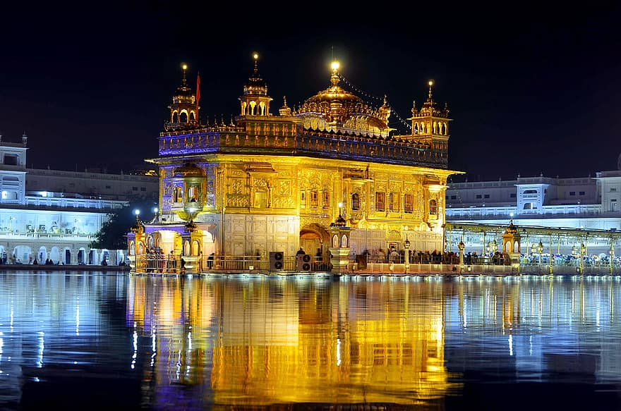 sahib harmandir, templo, lago, luzes, arquitetura, noite, reflexão, construção, iluminado, tarde, agua