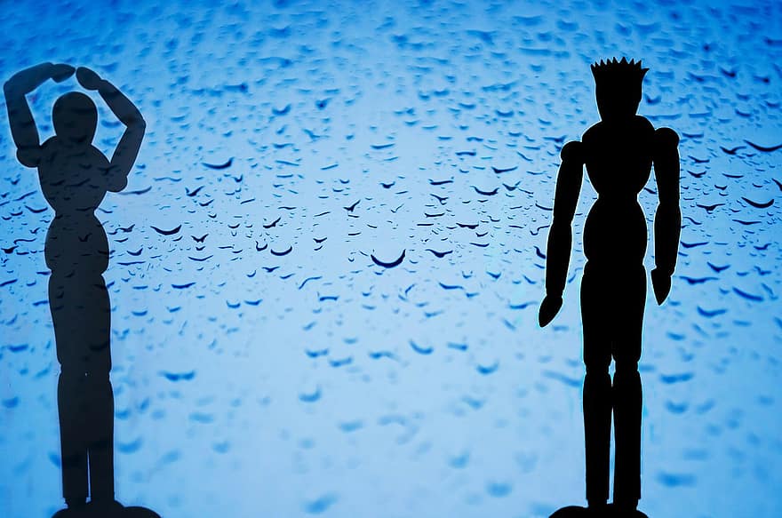 al di fuori, dentro, simboli, persone, silhouette, sagome, pioggia, gocce, acqua, blu, nero