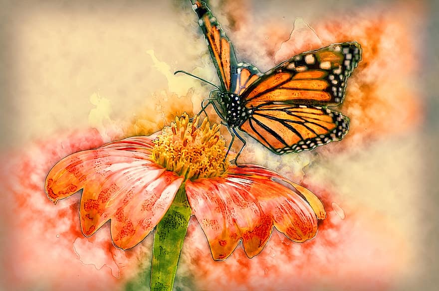 mariposa, polinización, flor, obra de arte, pintura, naturaleza, fondo, insecto, multi color, de cerca, verano